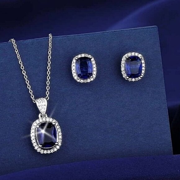 New 925 Silver Sterling Blue CZ Rectangle Stones Rhodium Plated Set - Picture 1 of 8